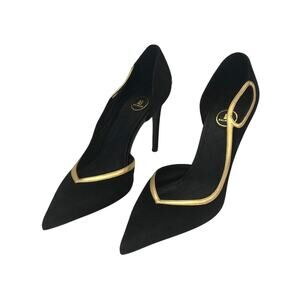 Balmain Miley Cutout Metallic Gold Leather Trimmed Suede Pump Black EU 39 EUC